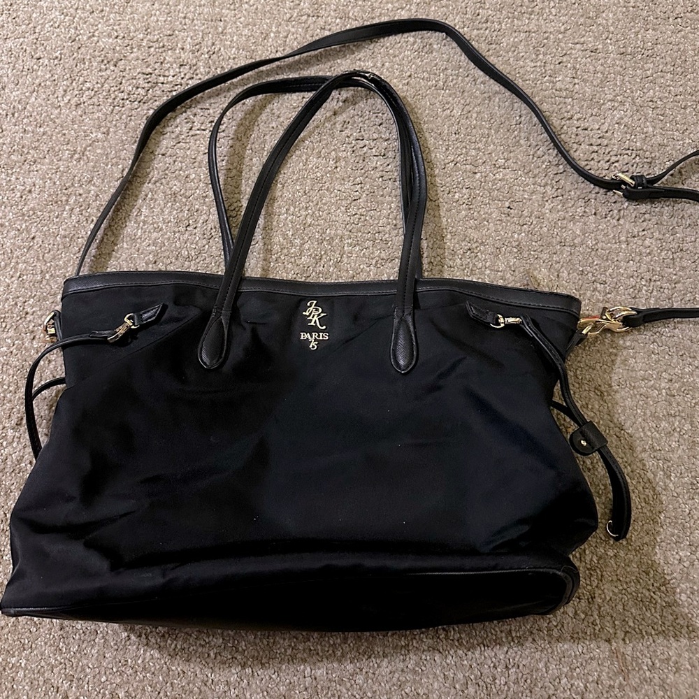 JPK Paris 75 nylon and black leather strapped bag w/ gold accents